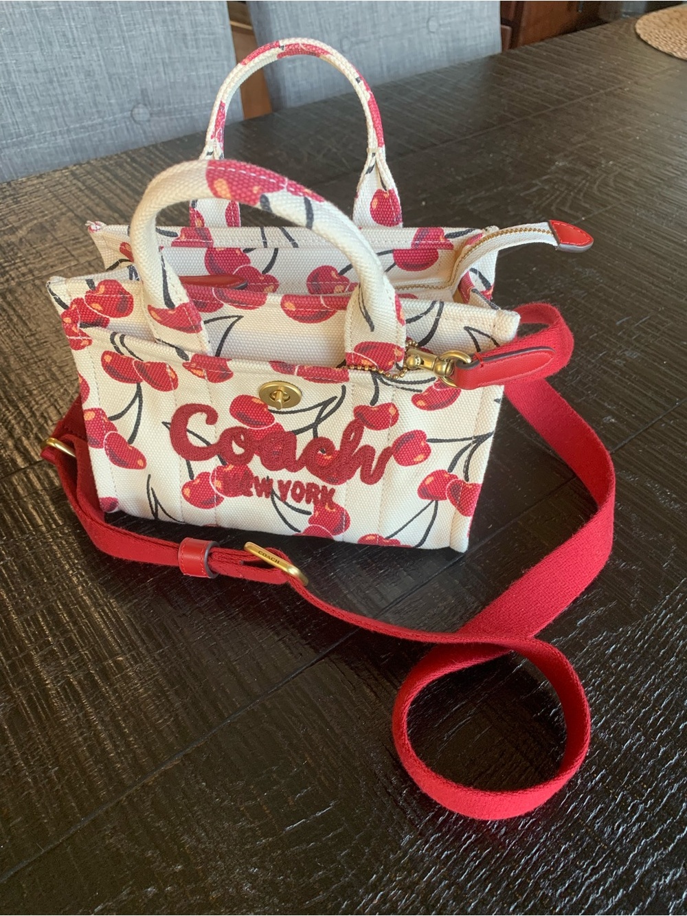 Coach Cream Mini Tote with Red Cherry Print and Red Strap